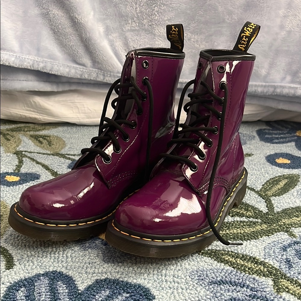 Dr. Martens Purple Combat Boots with Yellow Stitching